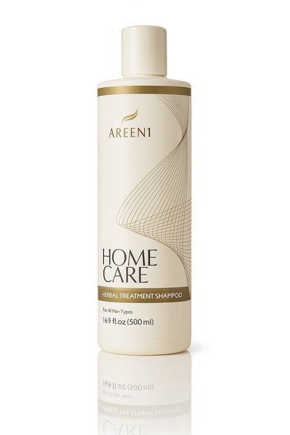 Treatment Shampoo bottle with gold lettering and a geometric design | Areen1